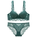 Set di lingerie in pizzo verde scuro con reggiseno push-up e slip con dettagli in mesh - Verde / 85B