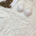 White floral lace lingerie set with cross-strap bra and high-waist panty flat lay view - 70B / Top And Bottom / White
