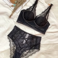 Sexy black lace lingerie set with high waisted panty and crisscross strap detail - 70B / Top And Bottom / Black