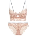 Set lingerie in pizzo rosa pallido con spalline logate e ricami floreali delicati - 70B / Rosa