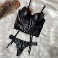 Sexy black faux leather push up lingerie set with bustier top and garter thong - 70B / Top And Bottom / Black