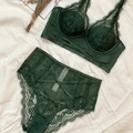 Dunkelgrünes Spitzenunterwäsche-Set mit High-Waist-Slip und Bügel-BH mit V-Ausschnitt - 75D / Oberteil Und Unterteil / Grün