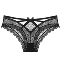 Culotte en dentelle noire avec détail de nœud et motif floral semi-transparent - S / Noir