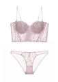 Elegantes hellrosa Dessous-Set mit Blumenstickerei und Bustier aus transparentem Netz - S / Rosa