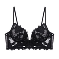 Sujetador sexy francés con escote en V de encaje negro ultrafino con bordado floral - Negro (094B)