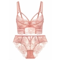 Elegant pink floral lace lingerie set with cross straps and metallic dot accents - Pink
