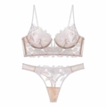 Deep V-neck floral lace lingerie set with ultra-thin embroidery in white and champagne - White/Nude