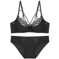 Detailed view of black lace lingerie set with thin cross straps and embroidery - 70A / Top And Bottom / Black