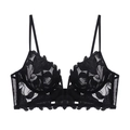Elegante reggiseno nero con scollo a V profondo, ricami floreali e dettagli in rete velata - S / Nero