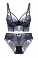 Dunkelblaues Spitzen-Dessous-Set mit Blumenmuster und BH mit Kreuzgurtdetails - 70C / Blau