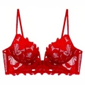 Reggiseno longline in pizzo rosso francese con scollo a V profondo e ricami floreali - S / Rosso