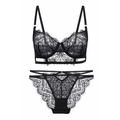 Elegant black eyelash lace lingerie set featuring a wired bra and matching cutout briefs - 75A / Black