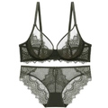 Ensemble de lingerie en dentelle vert foncé avec soutien-gorge transparent et culotte - Vert Foncé
