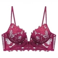 French style longline rose red lace bra with delicate floral embroidery and deep V design - S / Tops / Burgundy