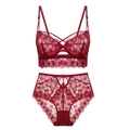 Completo intimo bordeaux in pizzo con slip a vita alta e dettagli floreali ricamati - 70B / Borgogna