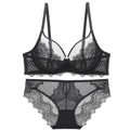 Ensemble de lingerie sexy en dentelle noire transparente avec soutien-gorge et culotte - Noir