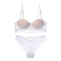 Completo intimo in pizzo francese bianco e rosa con reggiseno push-up e slip - 75C / Bianco