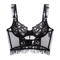 Black lace bustier bra with polka dot mesh, underwire support and ruffled straps - S / Black