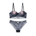 Completo intimo in pizzo push-up stile francese grigio scuro con eleganti dettagli mesh - 75B / Blu