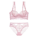 Conjunto de lencería sexy de encaje rosa con bordado floral y aros de sujeción - 75B / Rosa