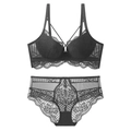 Set lingerie in pizzo nero con reggiseno floreale in rete e slip coordinati su bianco - 70A / Nero