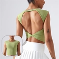 Top yoga verde erba schiena scoperta con dettaglio nodo incrociato e imbottitura - S / Verde Wasabi