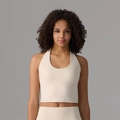 Top de yoga beige con cuello halter y leggings de cintura alta para un look fitness elegante - S / Blanco Milkshake