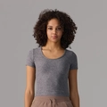 T-shirt de yoga gris ajusté pour femme avec col rond et manches courtes coupe courte - Gris Chiné