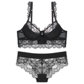 Ensemble lingerie en dentelle noire avec bordure cil et boucle métallique chic - Noir / 70B