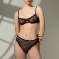 Black sheer mesh lingerie set with red heart embroidery and ruffled knickers - S / Heart Print / Black Red Heart