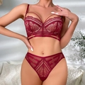 Completo intimo in pizzo rosso scuro con reggiseno push-up e slip a listini con taglio alto - 75B / Borgogna