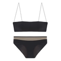 Minimalistisches schwarzes Lingerie-Set mit dünnen Trägern und beigen Mesh-Details am Slip - S / Set mit schwarzen Zirkonia