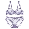 French lace lingerie set in light purple with heart pattern mesh and ruffled straps - 70A / Top And Bottom / Purple