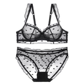 French black sheer mesh lingerie set with heart print and ruffled lace trim for women - 70A / Top And Bottom / Black