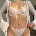 White lace lingerie set with heart print mesh bra, thong and sheer crochet shrug - White