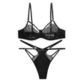 Sexy schwarzes Dessous-Set aus Spitze und Satin mit transparentem BH und Strappy Thong - S / Schwarz