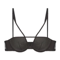 Dettaglio del reggiseno a rete nera con spalline sottili e design traforato alla moda - S / Top Nero