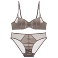 Elegant taupe lingerie set with sheer mesh paneling and satin finish 3/4 cup bra - 70A / Underwear Set / Coffee