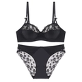 Set lingerie in pizzo con reggiseno con ferretto, fiocco e slip floreali coordinati - 70B / Nero