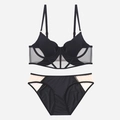 Conjunto de lencería sexy de malla negra con sujetador con aros y braguita con varillas - L / Negro + Braguita