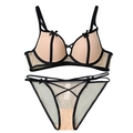 French lace lingerie set in beige and black with bow details and cross straps - 70B / Black