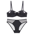 Elegantes schwarzes Dessous-Set mit Muschelstich, Netzpaneelen und Bügel-BH-Stil - 70B / Set / Schwarz