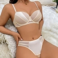 Dessous-Set in Champagner mit Push-up-BH, transparentem Mesh und High-Cut-Tanga - Hautfarben / 75B