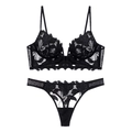 Set lingerie sexy in pizzo francese nero con ricamo floreale e profondo scollo a V - S / Nero