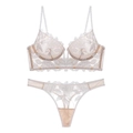Deep V French floral embroidery lace lingerie set in elegant off-white with thong - White/Nude