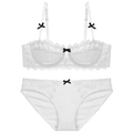 Elegant white floral lace lingerie set with contrasting black bows and scalloped edges - 70A / Top And Bottom / White