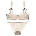 French style ultra-thin lace lingerie set in champagne beige with black bow accents - 70A / Top And Bottom / Beige