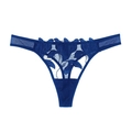 Tanga en dentelle bleu marine avec broderie florale et ceinture en mesh transparent - S / Bleu