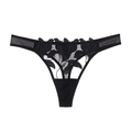 Tanga sexy en dentelle noire avec broderie florale et brides latérales en mesh - S / Noir