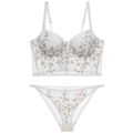 French vintage white lace embroidery bra set with floral mesh details and corset style - S / White